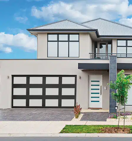 h full view glazed charcoal gray steel double garage door frost