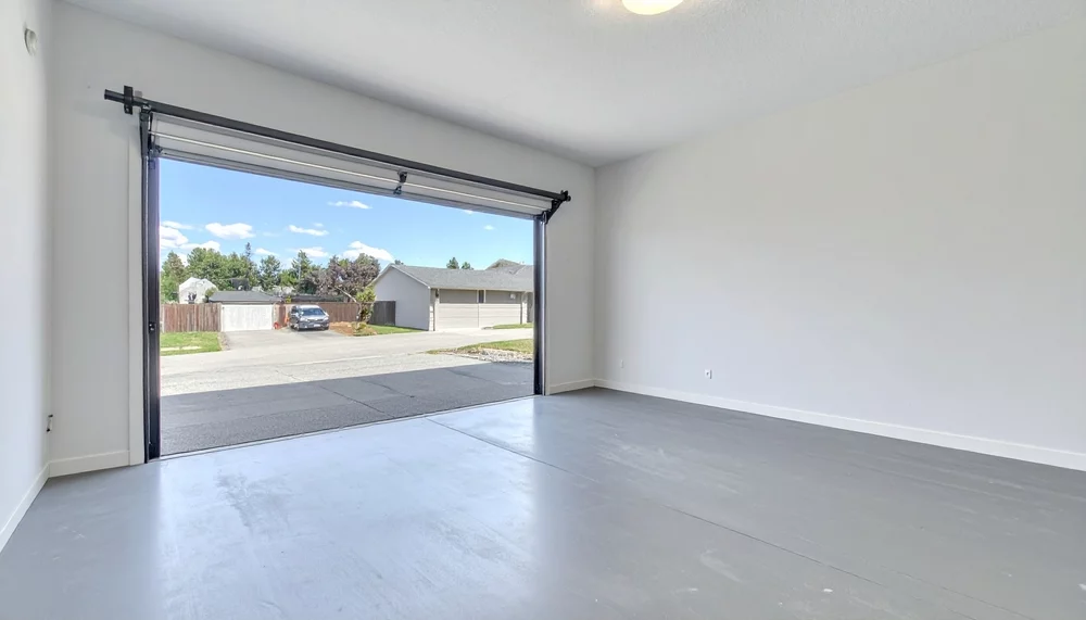 A garage door from the inside looking out.