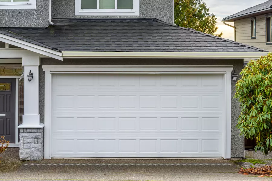 A closed garage door.