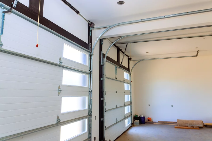 The interior of a two-car garage.